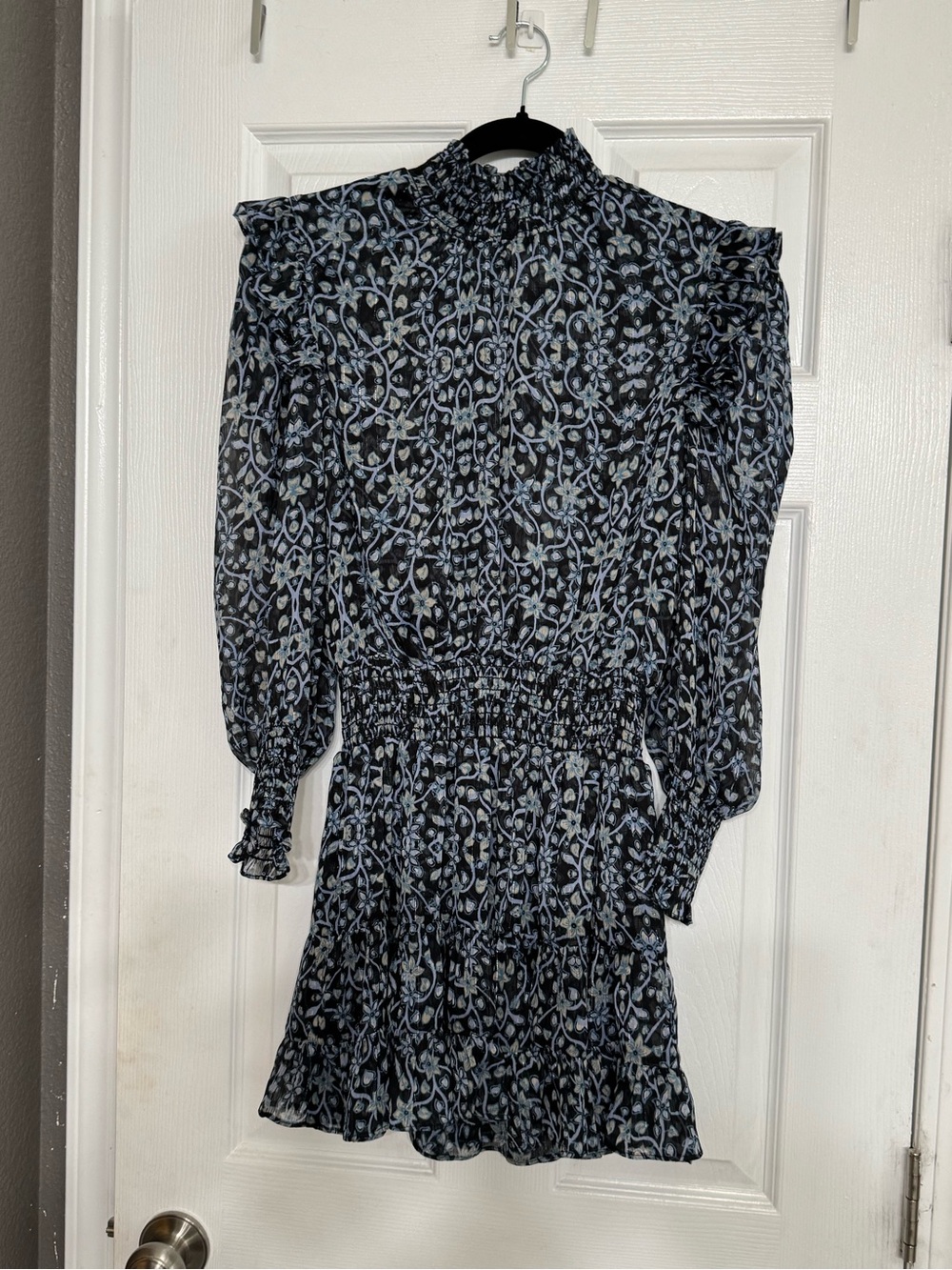 Misa Los Angeles Black and Light Blue Floral Smocked Mini Dress S